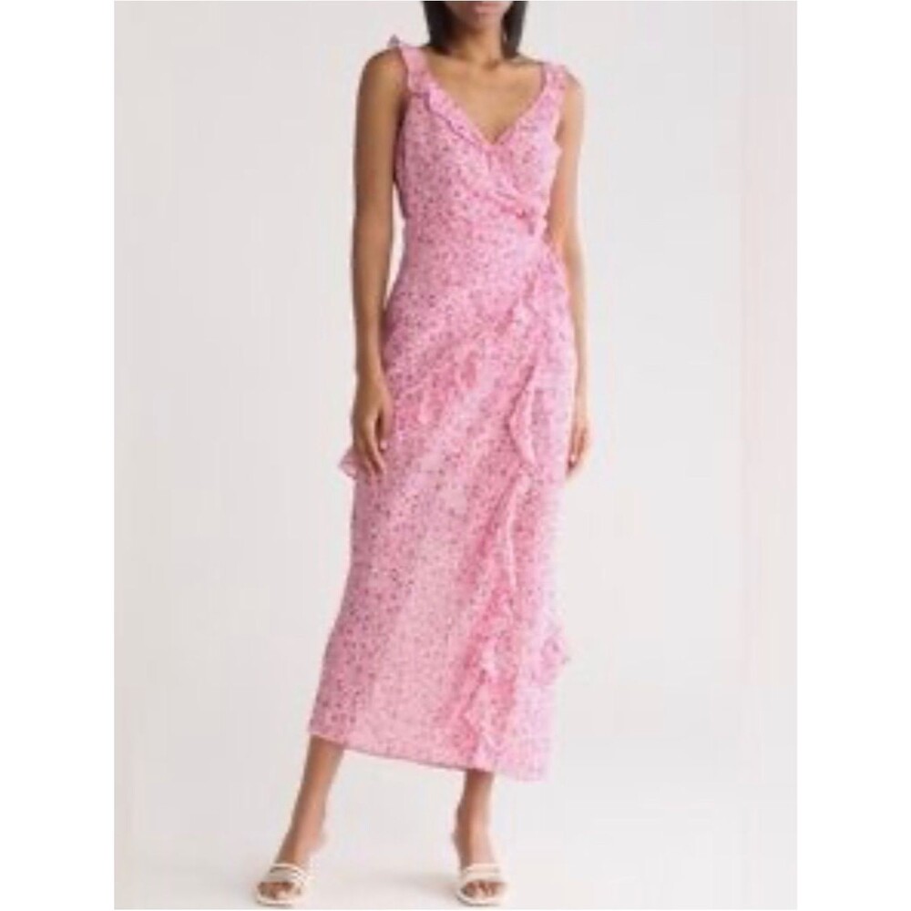 Lush Wrap Floral Maxi Dress Adjustable Pink White Size Large